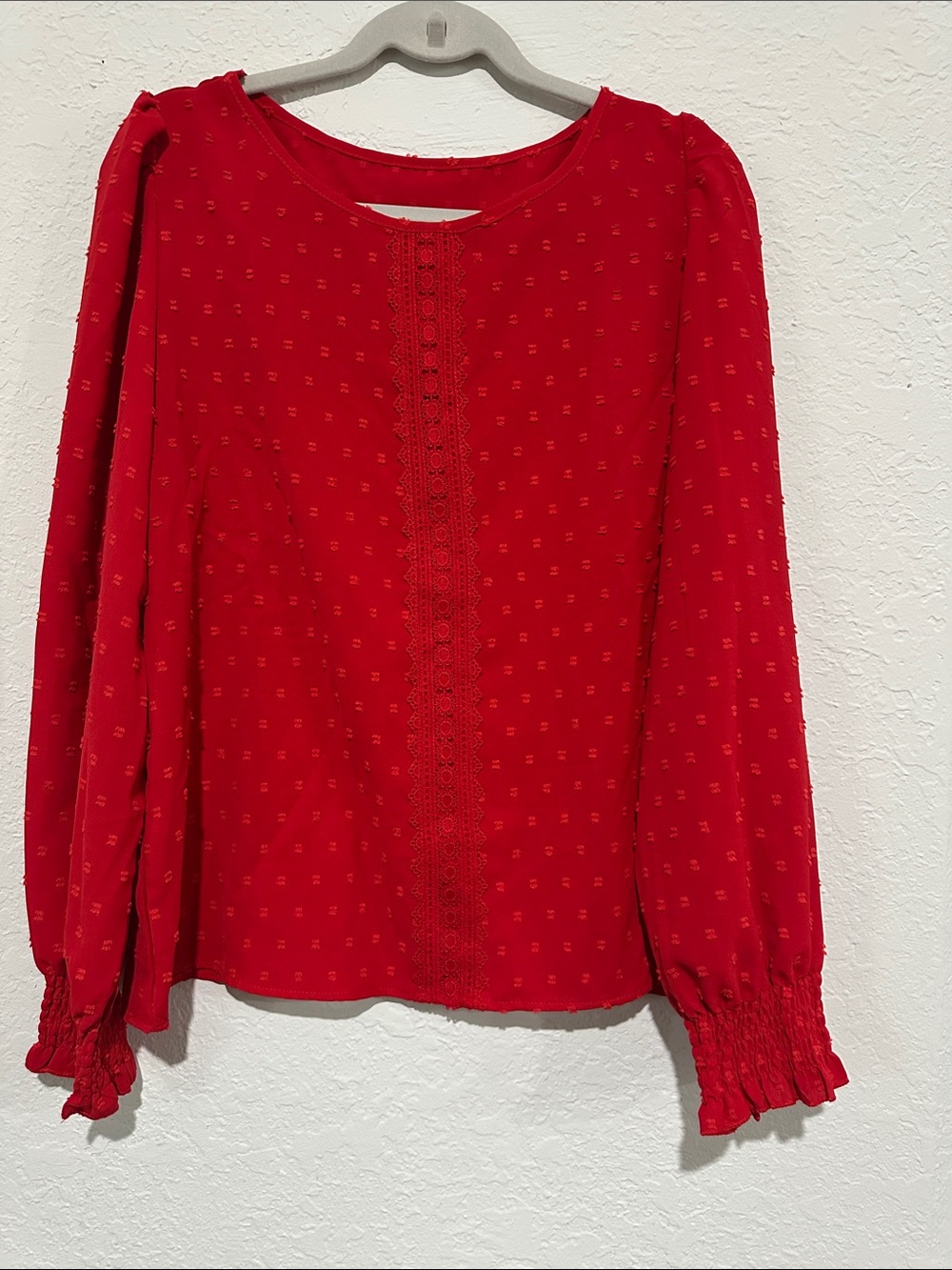 SHEIN Red Long-Sleeve Lace-Trim Blouse